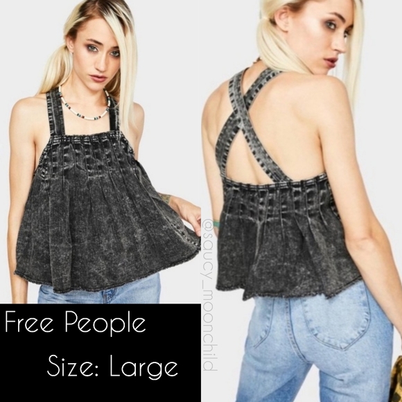 NWT • Free People • Marina Racer Cross Back Wash Denim Flowy Crop Tank Top Large